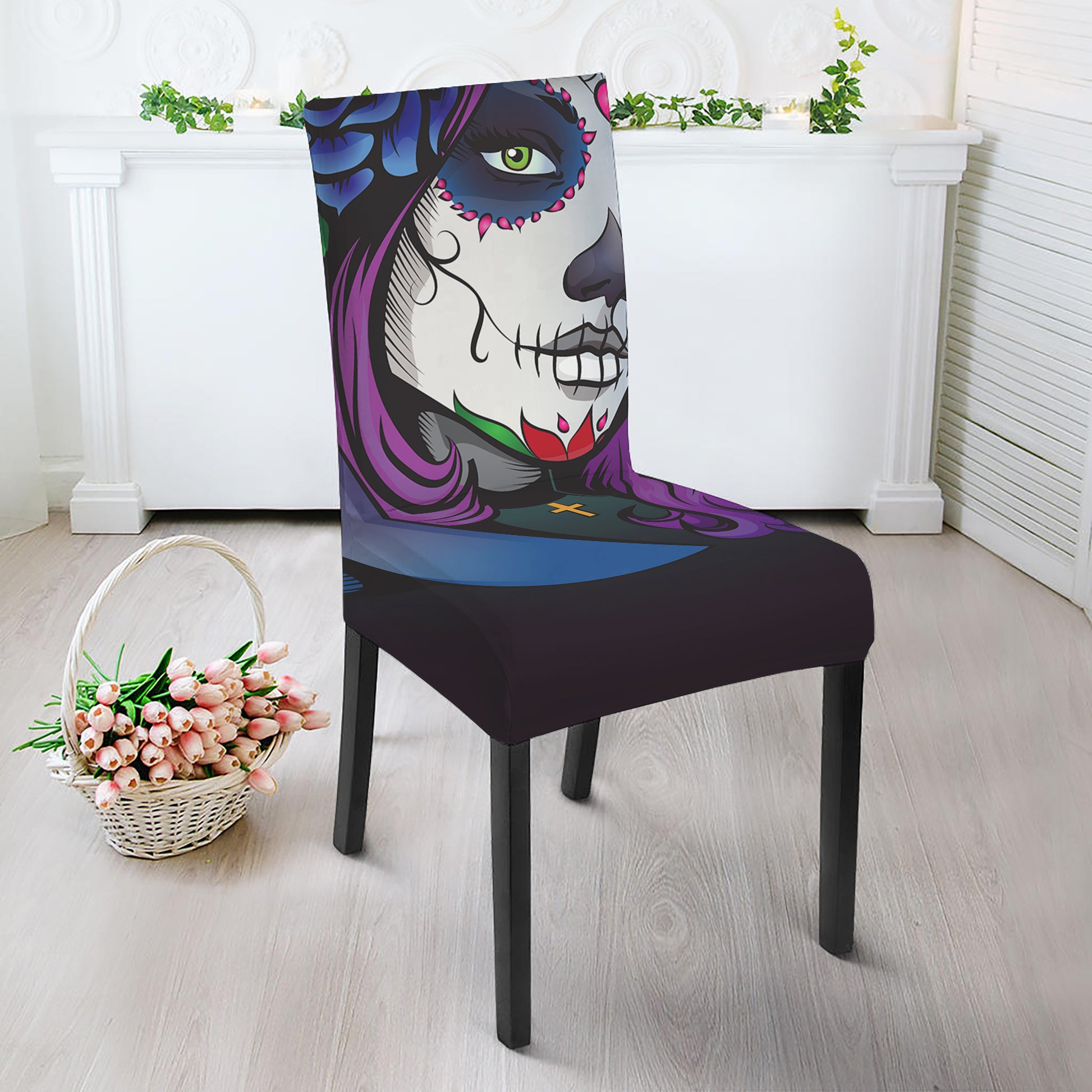 Calavera Girl Dia De Los Muertos Print Dining Chair Slipcover