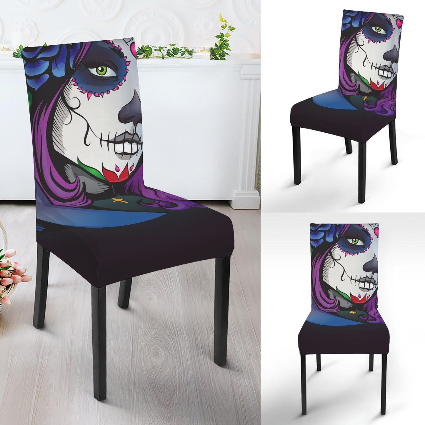 Calavera Girl Dia De Los Muertos Print Dining Chair Slipcover
