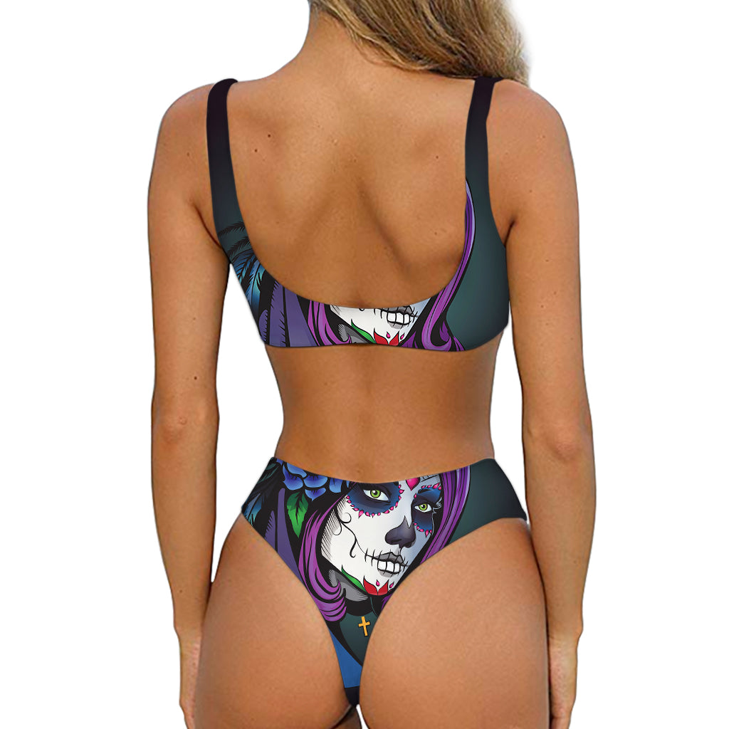 Calavera Girl Dia De Los Muertos Print Front Bow Tie Bikini