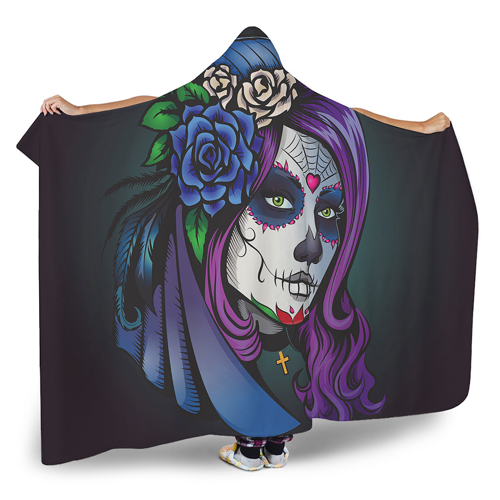 Calavera Girl Dia De Los Muertos Print Hooded Blanket