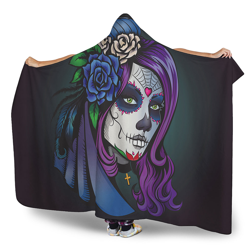 Calavera Girl Dia De Los Muertos Print Hooded Blanket
