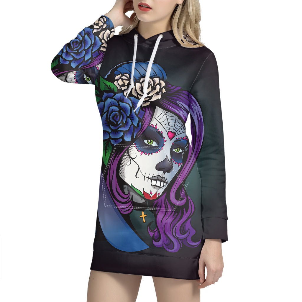 Calavera Girl Dia De Los Muertos Print Pullover Hoodie Dress