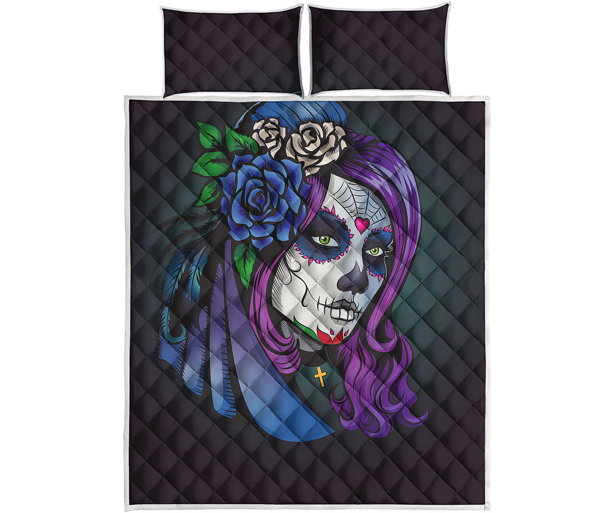 Calavera Girl Dia De Los Muertos Print Quilt Bed Set