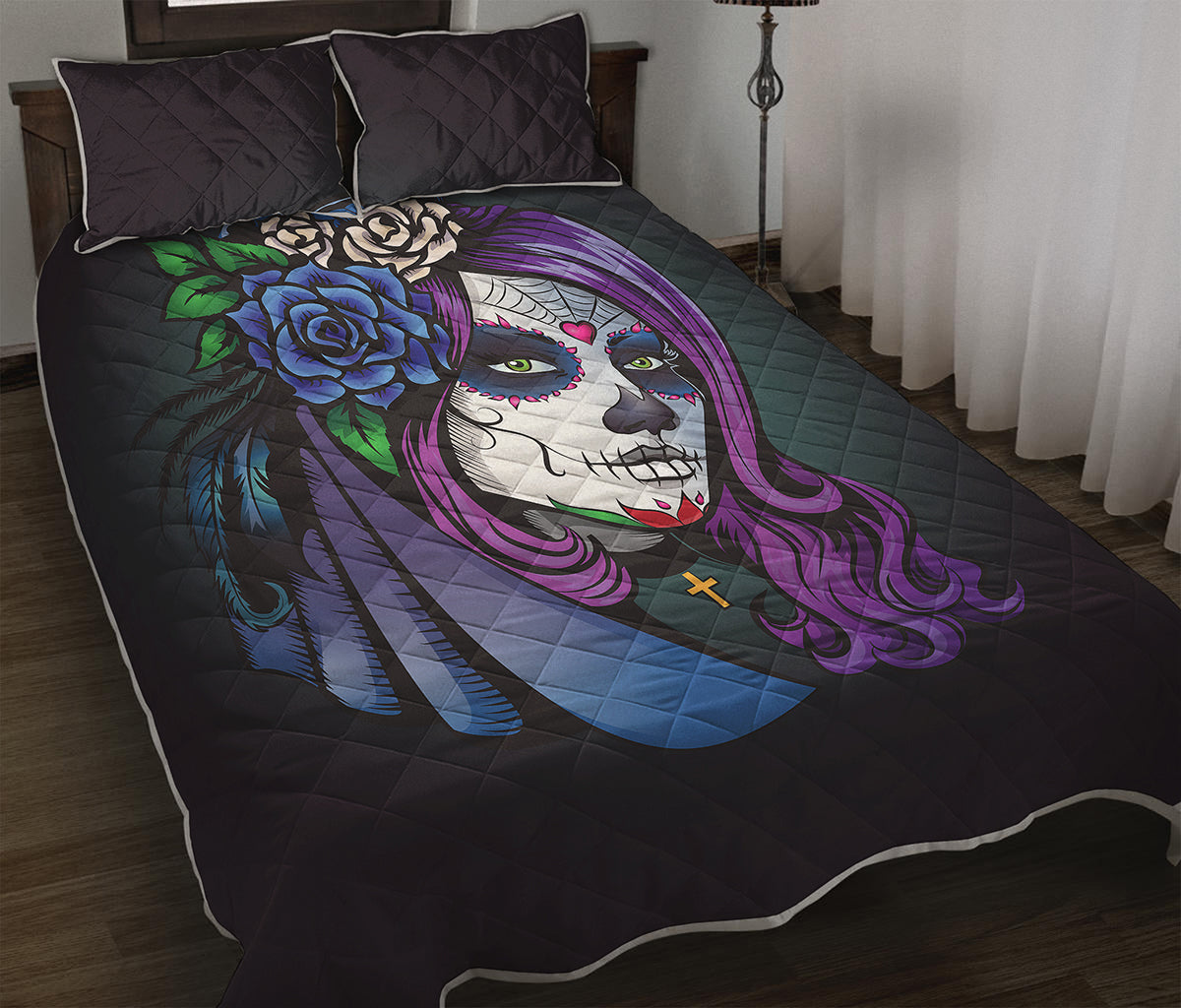 Calavera Girl Dia De Los Muertos Print Quilt Bed Set