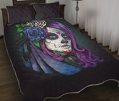 Calavera Girl Dia De Los Muertos Print Quilt Bed Set