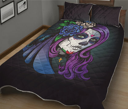 Calavera Girl Dia De Los Muertos Print Quilt Bed Set