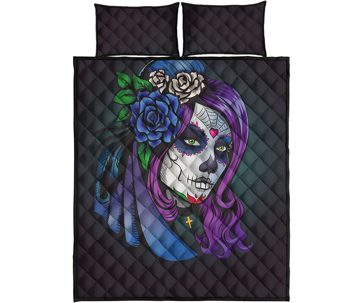 Calavera Girl Dia De Los Muertos Print Quilt Bed Set