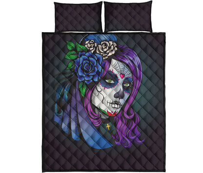 Calavera Girl Dia De Los Muertos Print Quilt Bed Set