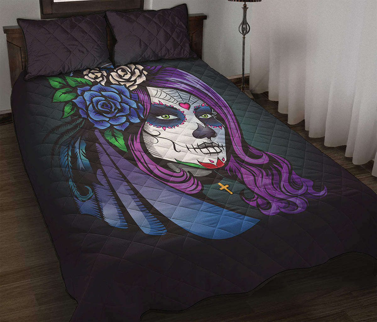 Calavera Girl Dia De Los Muertos Print Quilt Bed Set