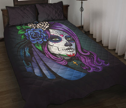 Calavera Girl Dia De Los Muertos Print Quilt Bed Set