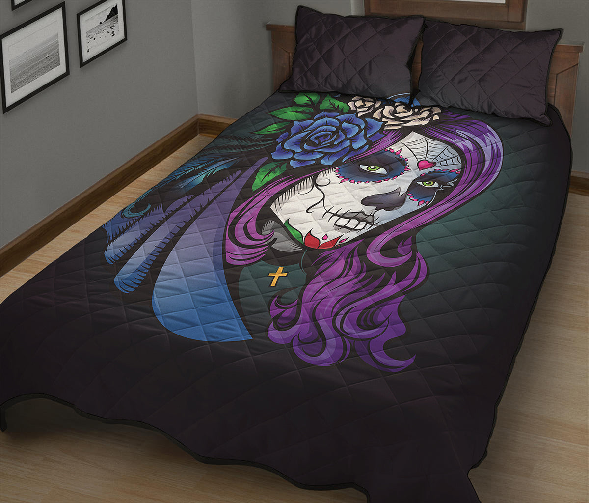 Calavera Girl Dia De Los Muertos Print Quilt Bed Set