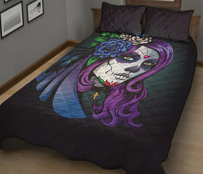 Calavera Girl Dia De Los Muertos Print Quilt Bed Set