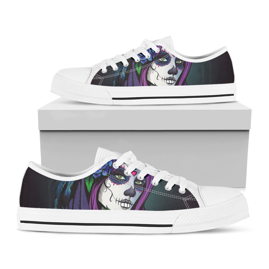 Calavera Girl Dia De Los Muertos Print White Low Top Shoes