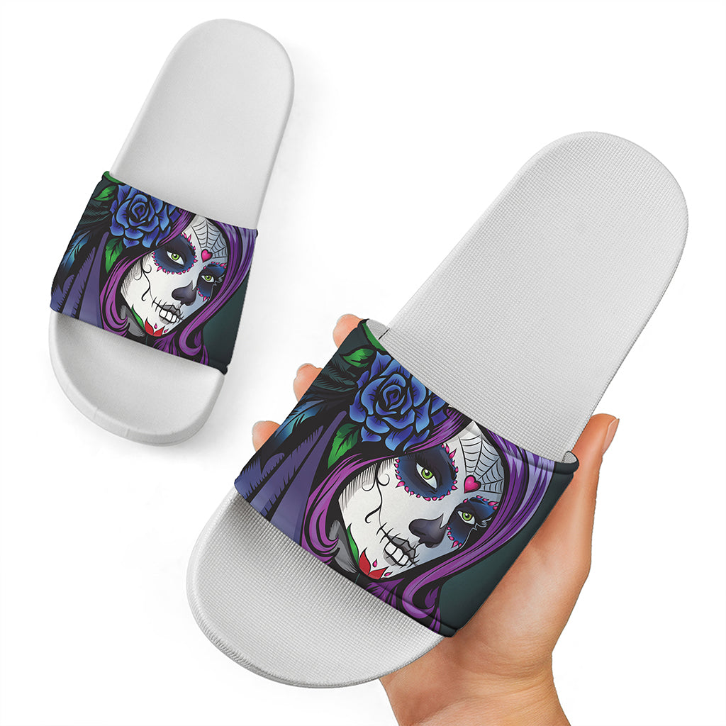 Calavera Girl Dia De Los Muertos Print White Slide Sandals