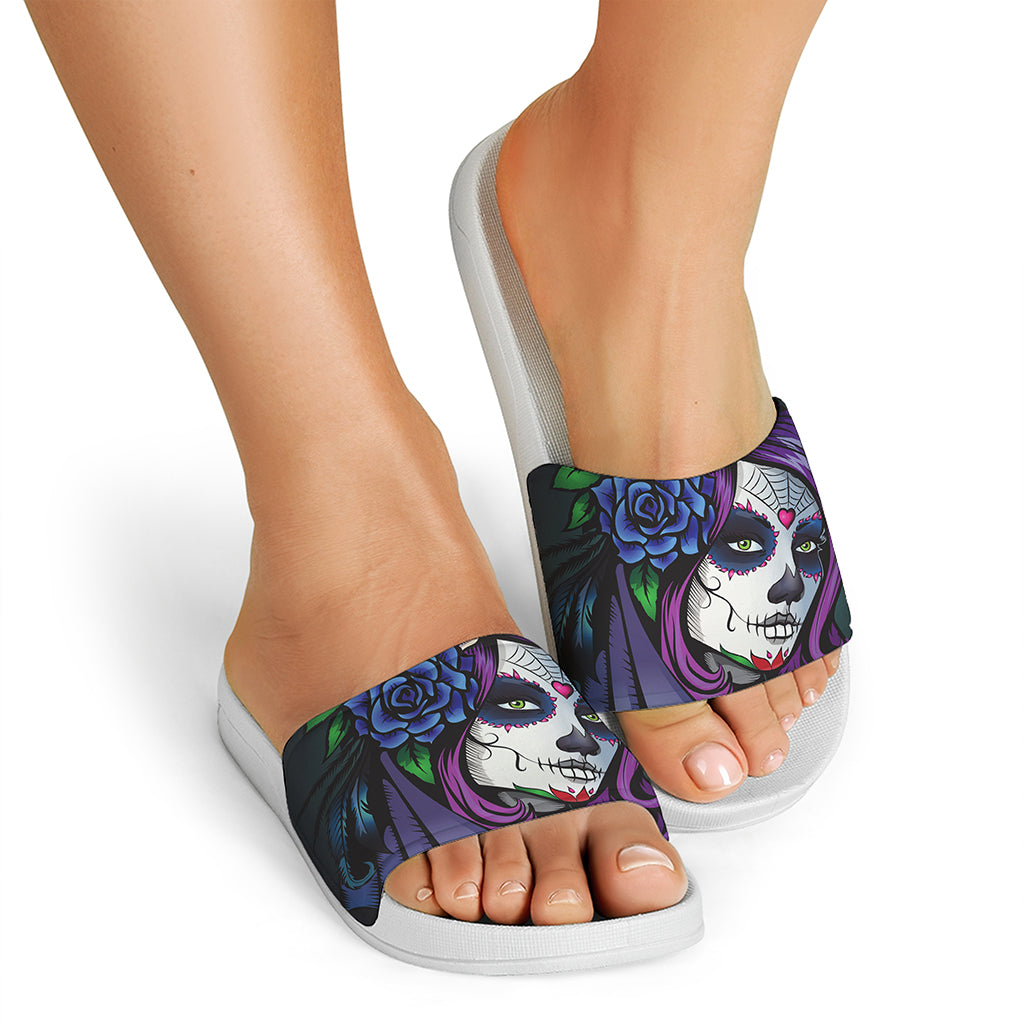 Calavera Girl Dia De Los Muertos Print White Slide Sandals