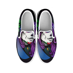 Calavera Girl Dia De Los Muertos Print White Slip On Shoes