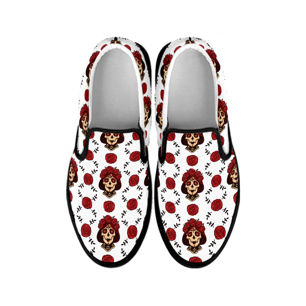 Calavera Girl Skull Pattern Print Black Slip On Shoes