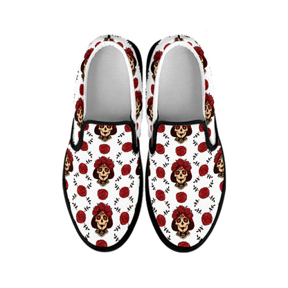 Calavera Girl Skull Pattern Print Black Slip On Shoes