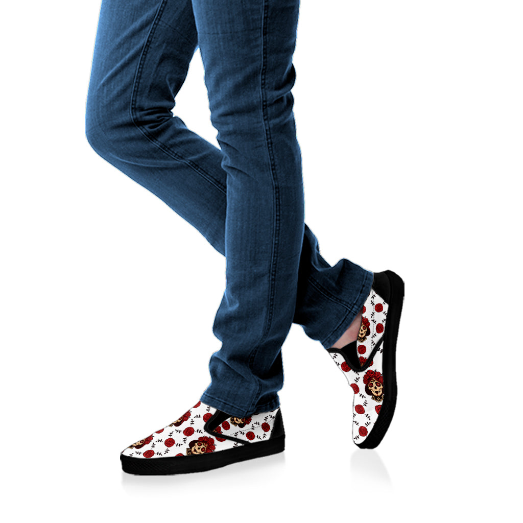 Calavera Girl Skull Pattern Print Black Slip On Shoes