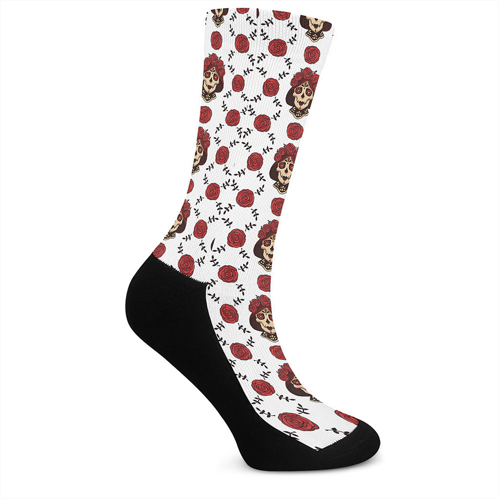 Calavera Girl Skull Pattern Print Crew Socks