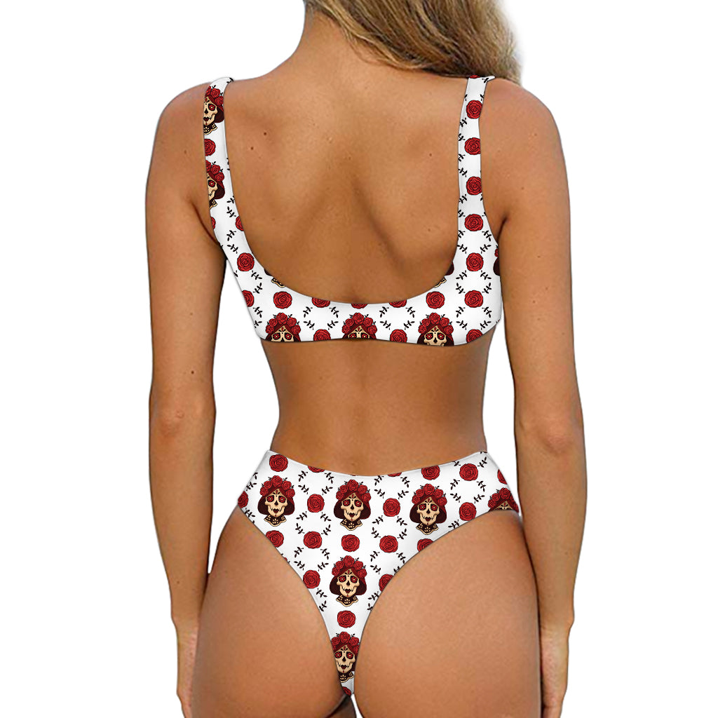 Calavera Girl Skull Pattern Print Front Bow Tie Bikini
