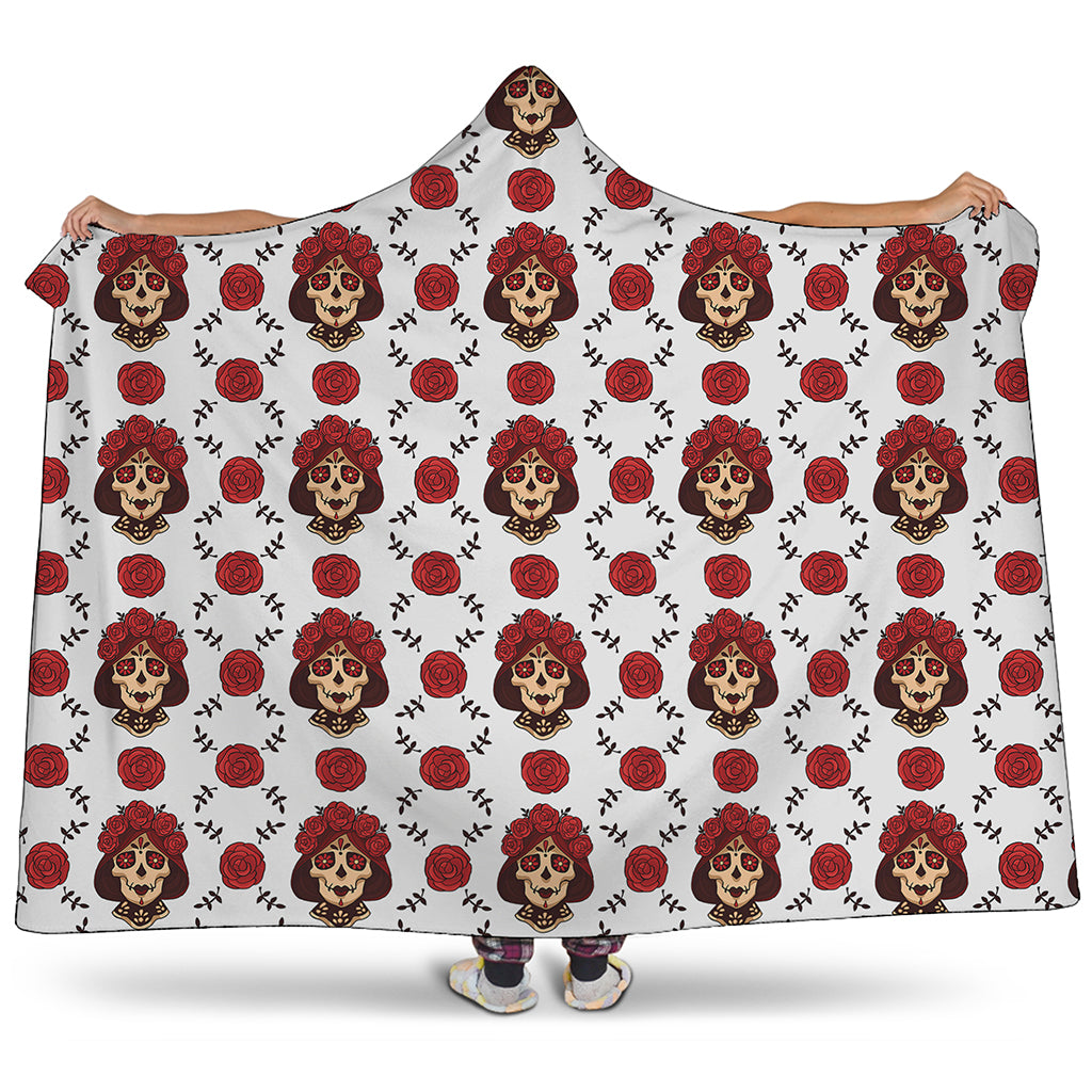 Calavera Girl Skull Pattern Print Hooded Blanket