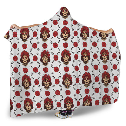 Calavera Girl Skull Pattern Print Hooded Blanket