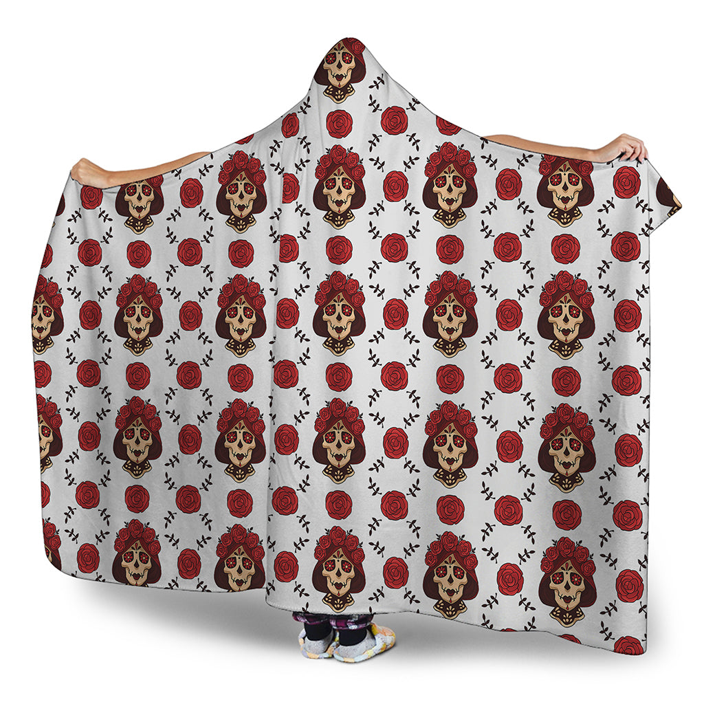 Calavera Girl Skull Pattern Print Hooded Blanket