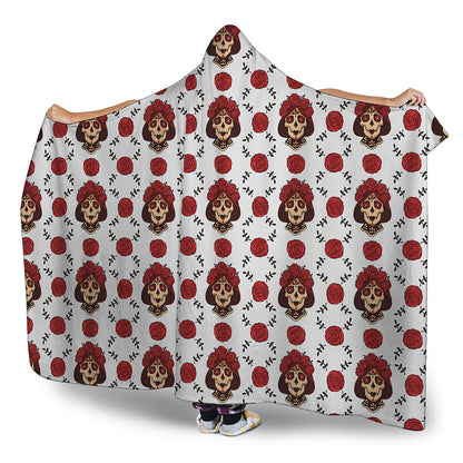 Calavera Girl Skull Pattern Print Hooded Blanket