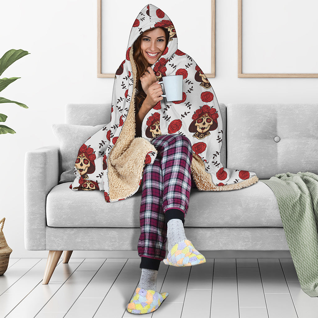 Calavera Girl Skull Pattern Print Hooded Blanket