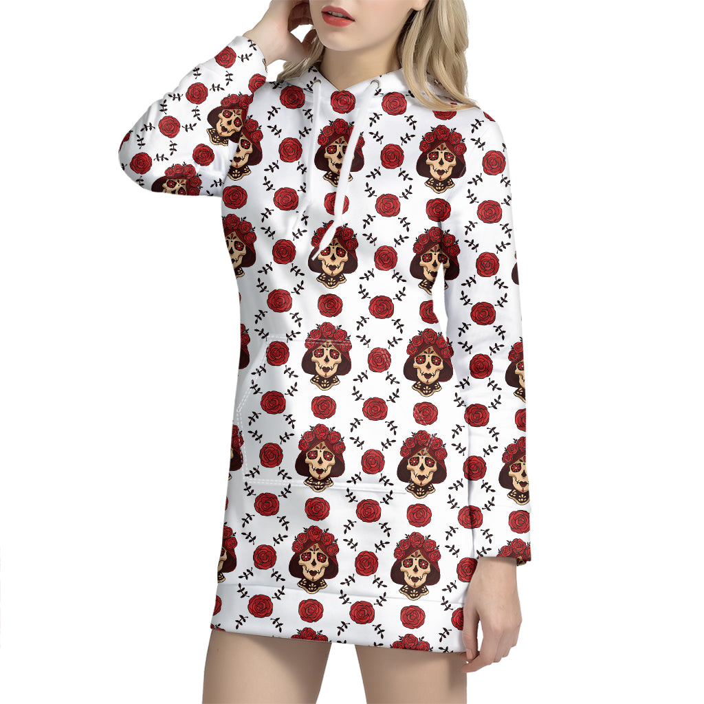 Calavera Girl Skull Pattern Print Hoodie Dress