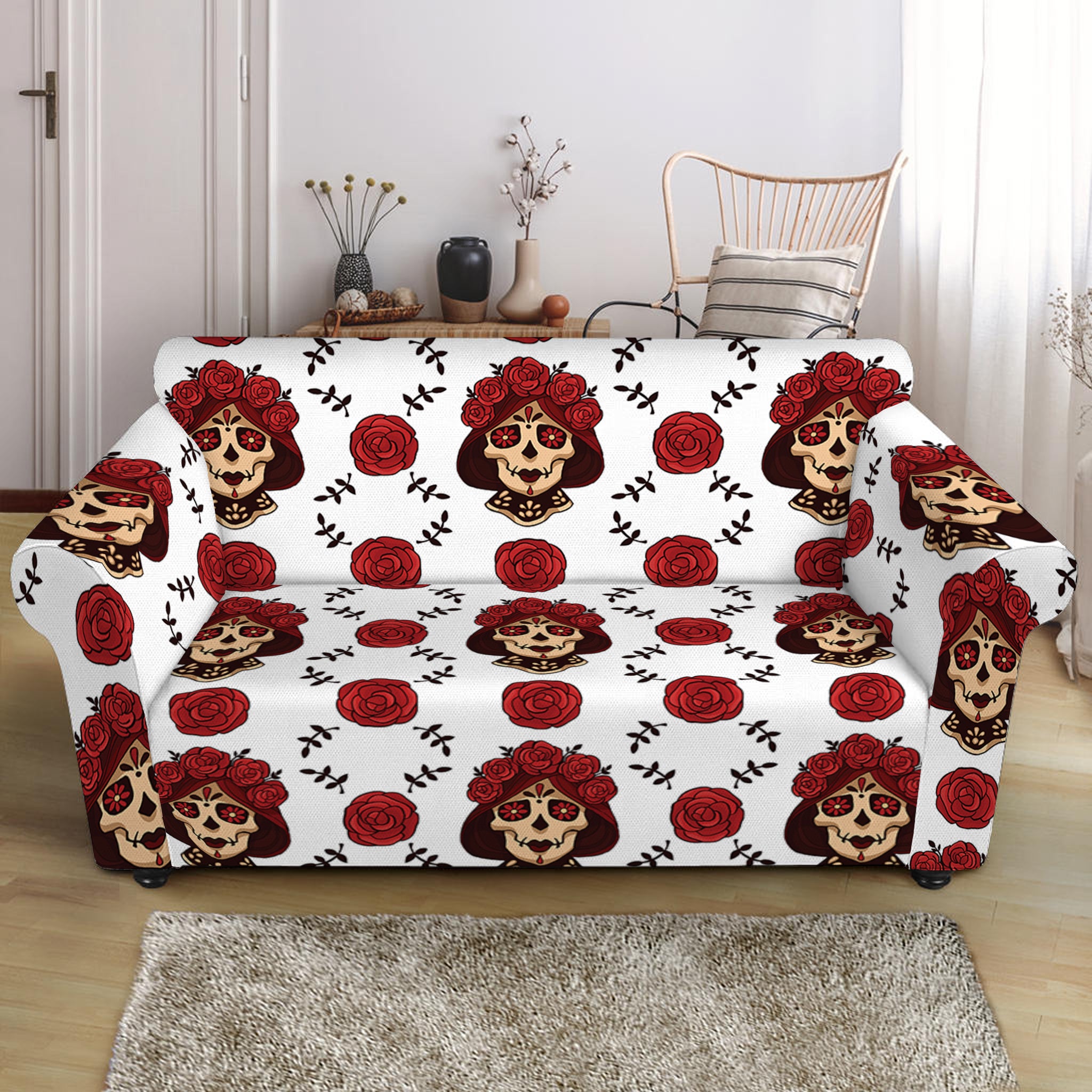 Calavera Girl Skull Pattern Print Loveseat Slipcover