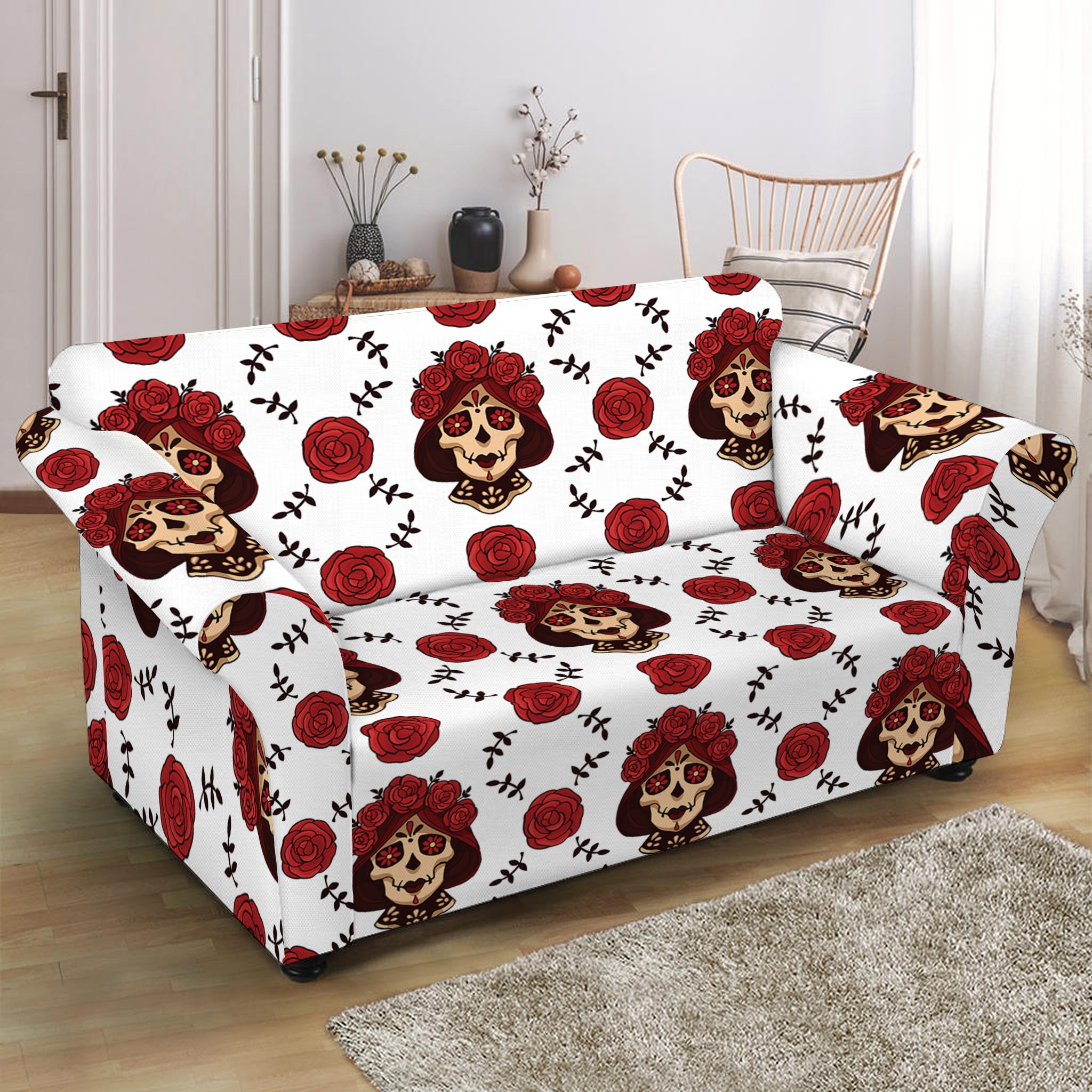 Calavera Girl Skull Pattern Print Loveseat Slipcover