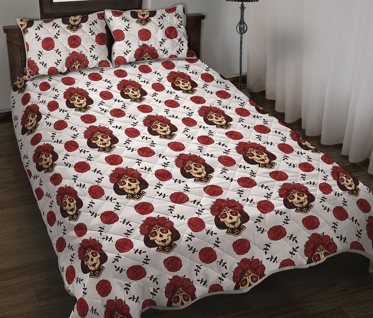 Calavera Girl Skull Pattern Print Quilt Bed Set