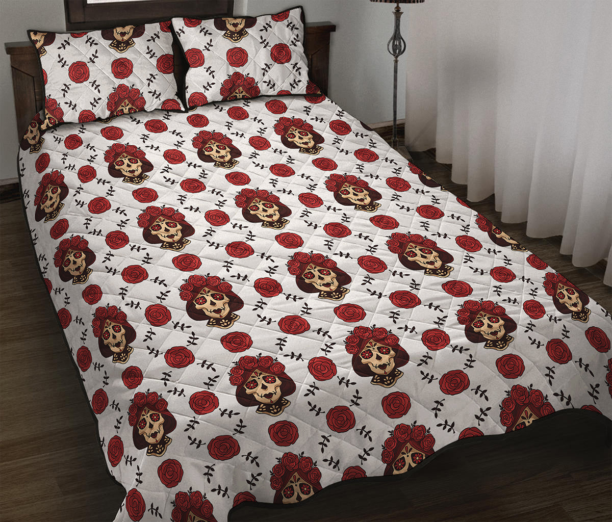 Calavera Girl Skull Pattern Print Quilt Bed Set