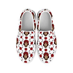 Calavera Girl Skull Pattern Print White Slip On Shoes