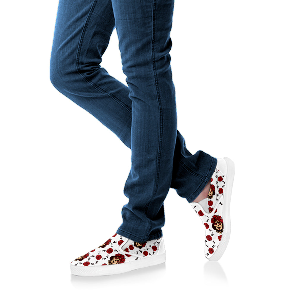 Calavera Girl Skull Pattern Print White Slip On Shoes