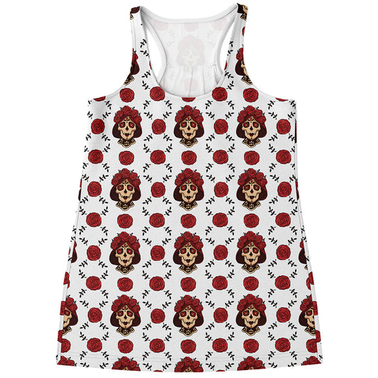 Calavera Girl Skull Pattern Print Women's Racerback Tank Top