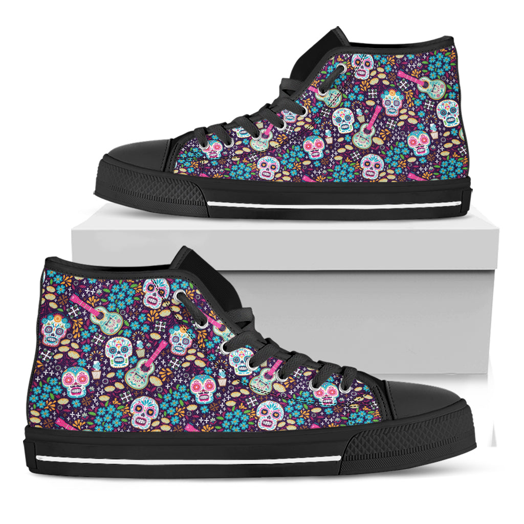 Calaveras Day Of The Dead Pattern Print Black High Top Shoes