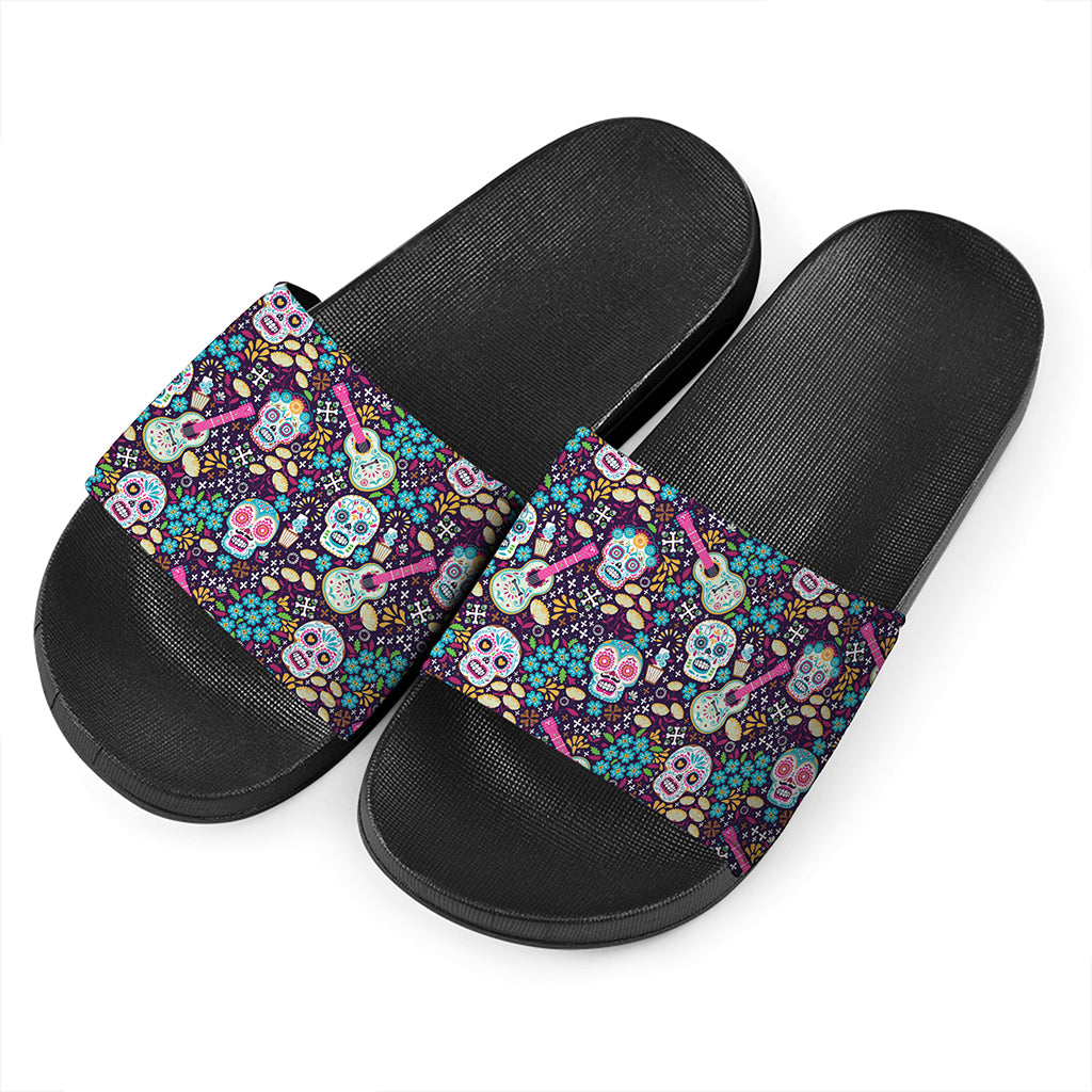 Calaveras Day Of The Dead Pattern Print Black Slide Sandals