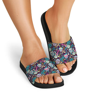 Calaveras Day Of The Dead Pattern Print Black Slide Sandals