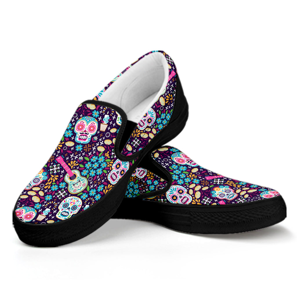 Calaveras Day Of The Dead Pattern Print Black Slip On Shoes