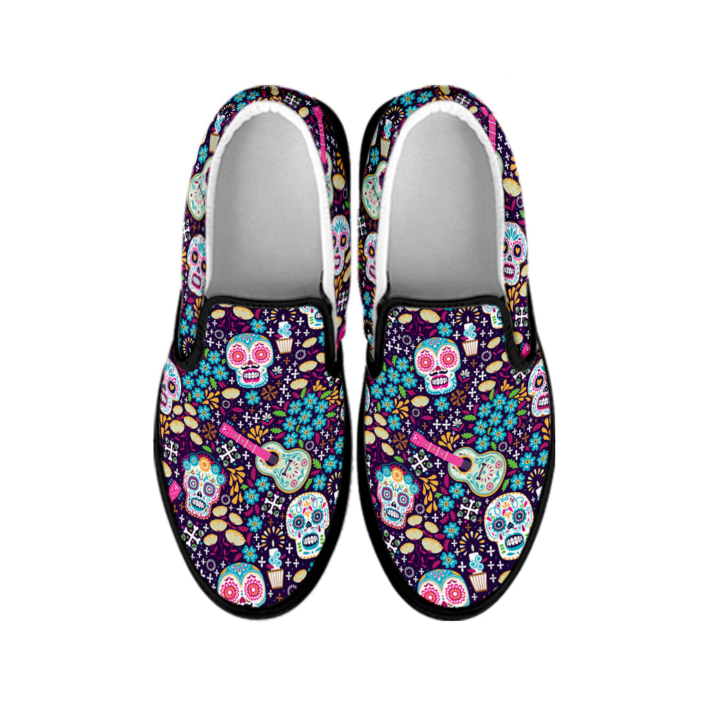 Calaveras Day Of The Dead Pattern Print Black Slip On Shoes