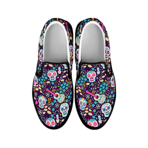 Calaveras Day Of The Dead Pattern Print Black Slip On Shoes