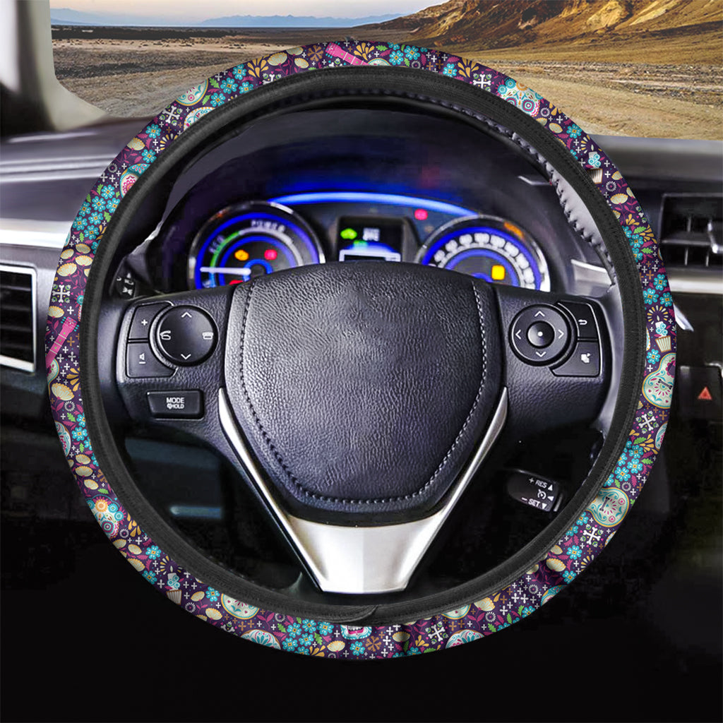 Calaveras Day Of The Dead Pattern Print Car Steering Wheel Cover