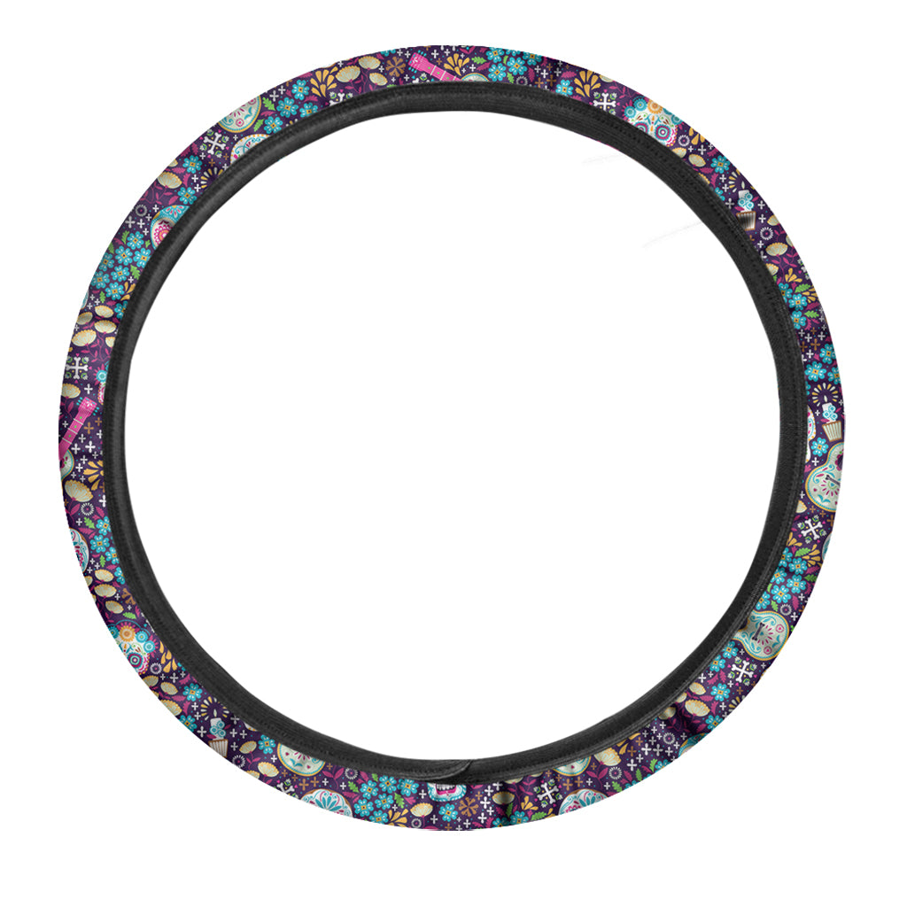 Calaveras Day Of The Dead Pattern Print Car Steering Wheel Cover