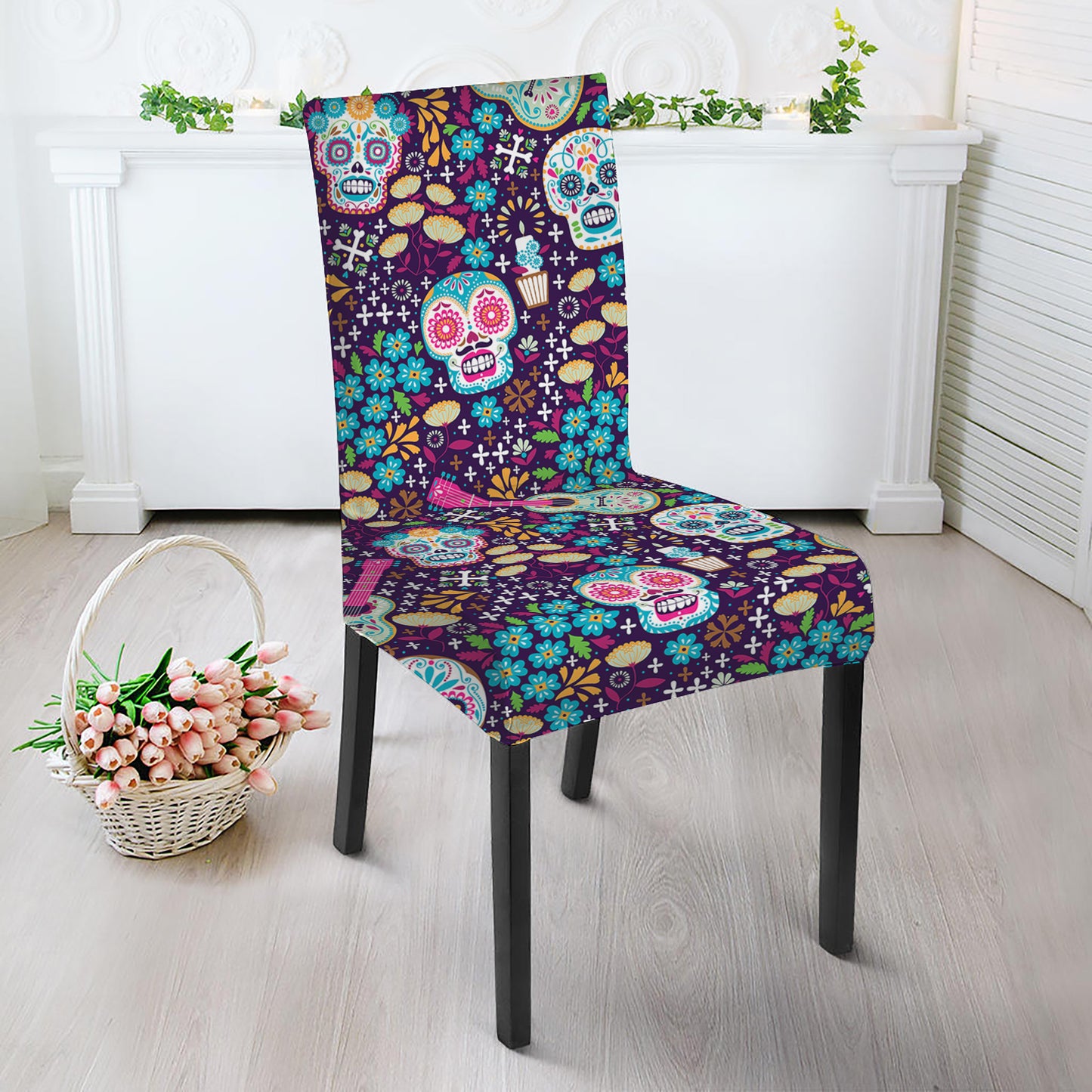 Calaveras Day Of The Dead Pattern Print Dining Chair Slipcover