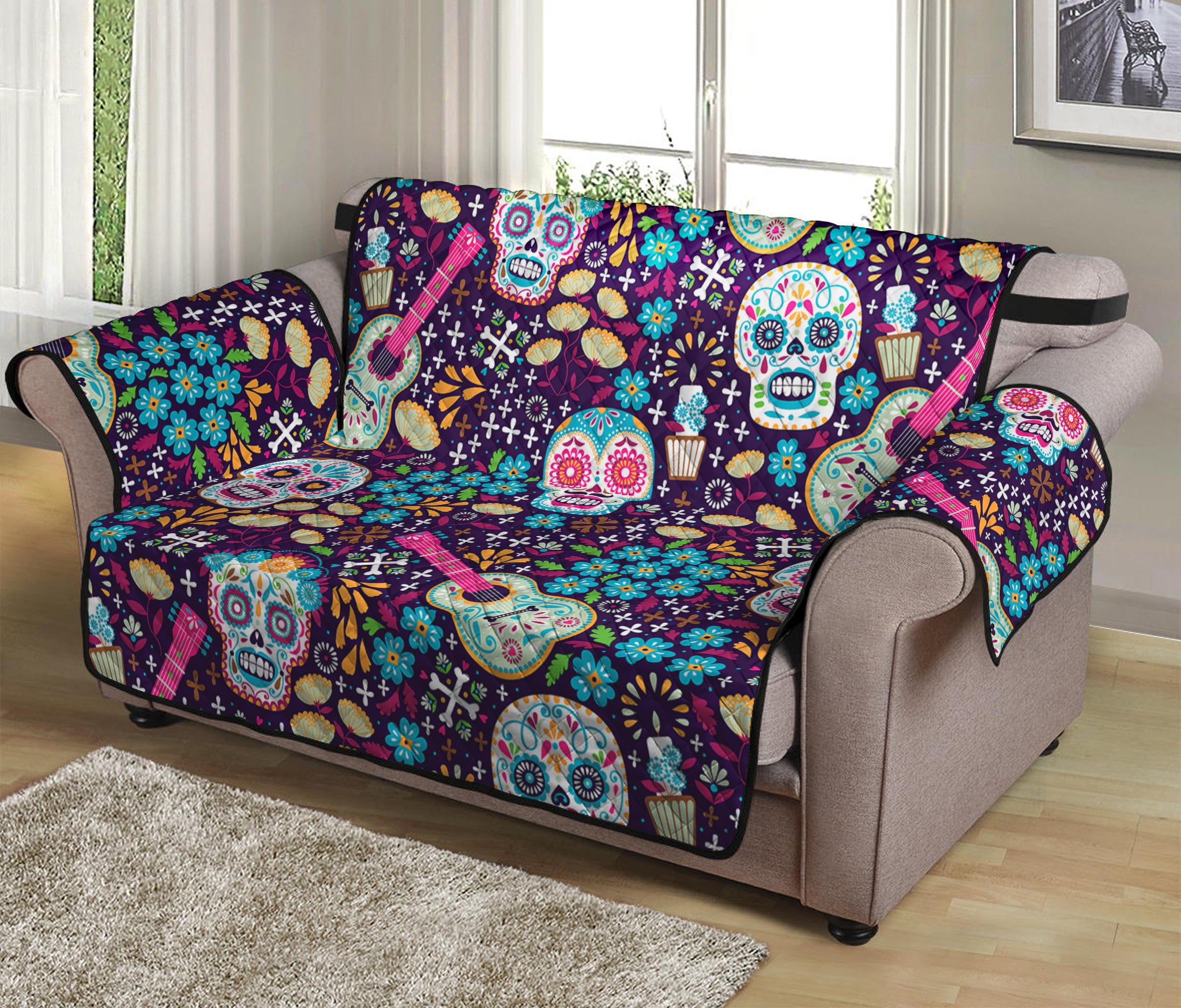 Calaveras Day Of The Dead Pattern Print Loveseat Protector