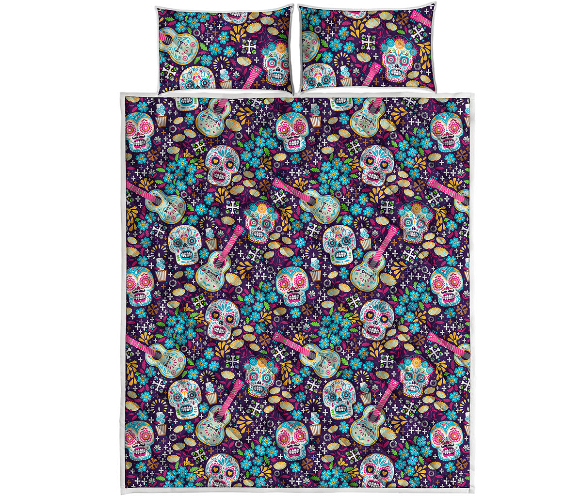 Calaveras Day Of The Dead Pattern Print Quilt Bed Set