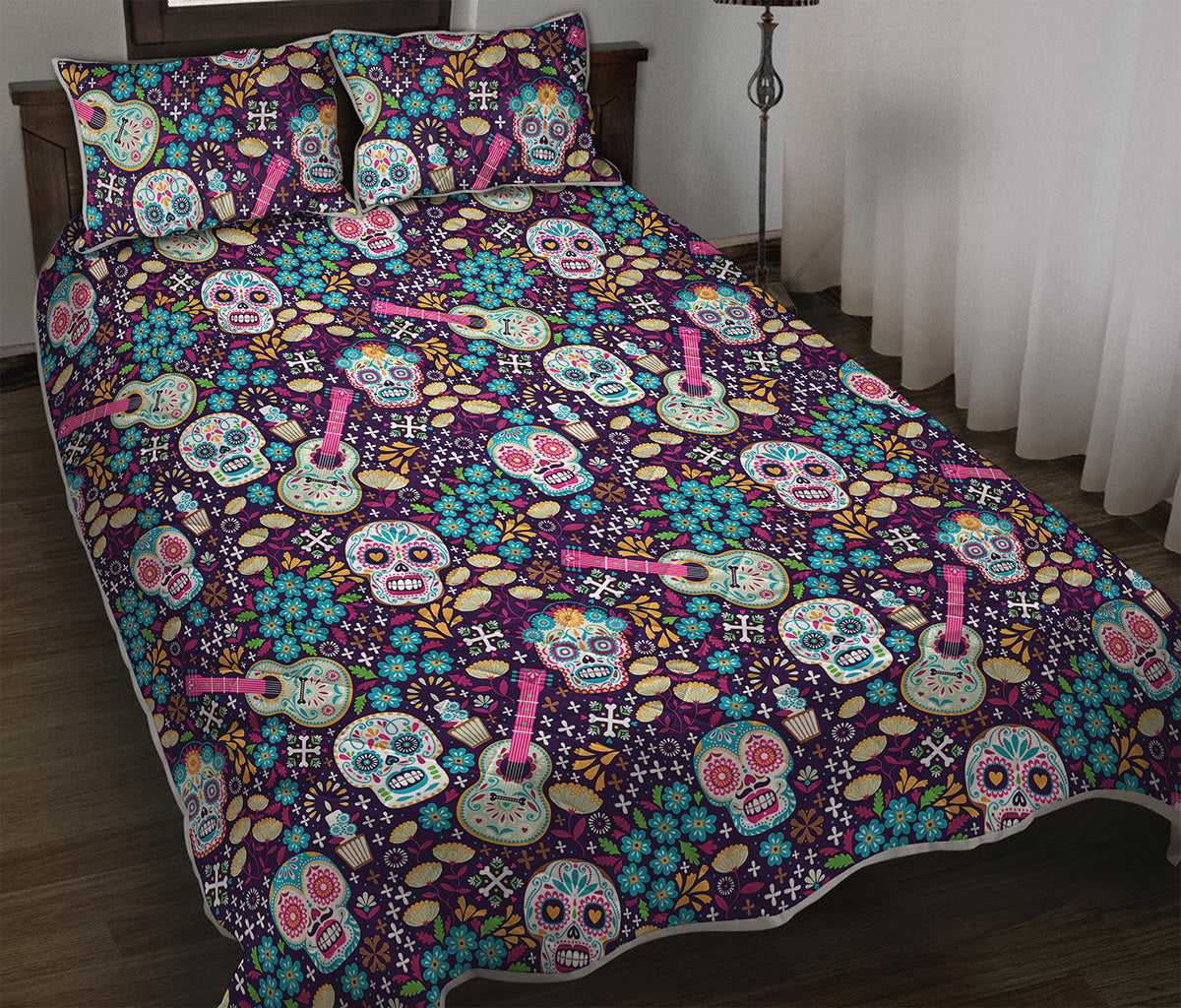 Calaveras Day Of The Dead Pattern Print Quilt Bed Set